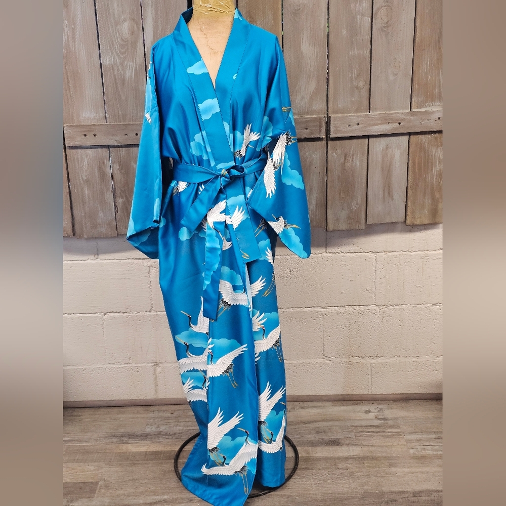 Vintage Kimono Crane Print Turquoise Robe Dressing Duster‎ Gown Japanese Japan